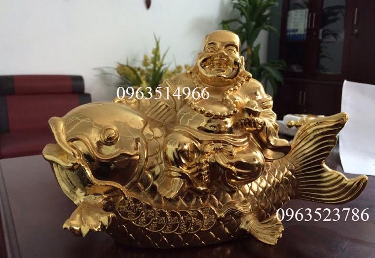 Tượng Đồng Phật Di Lạc Cưỡi Cá Chép Mạ Vàng 24k