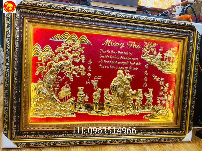 tranh đồng mừng thọ mạ vàng 24 k 