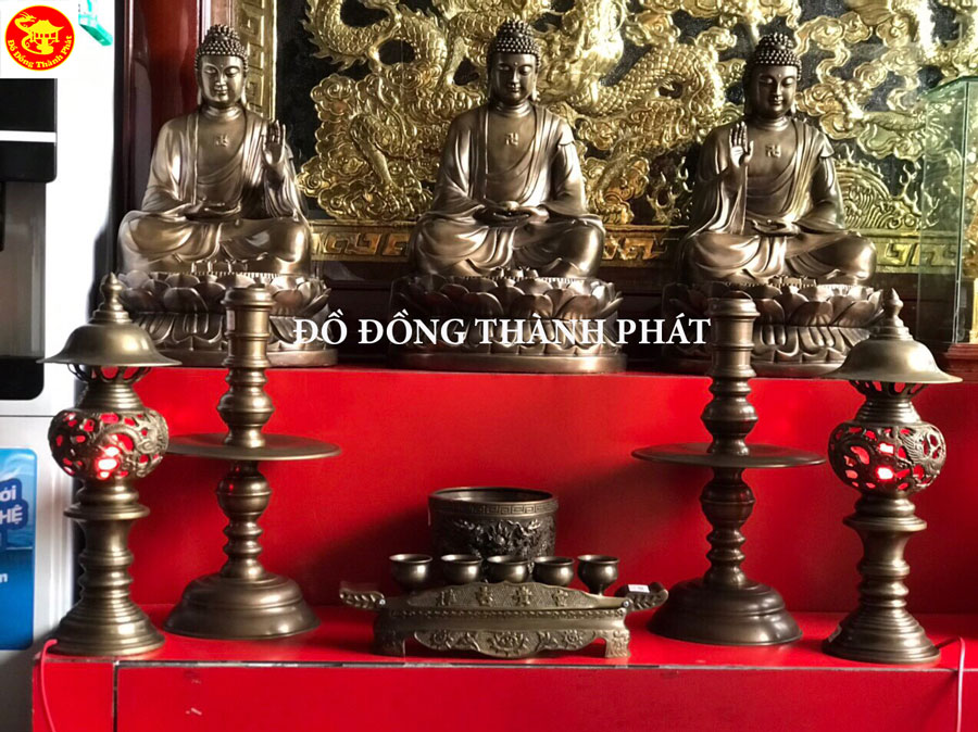 Tượng Tam Thế Phật Bằng Đồng Hun Giả Cổ Cao 48 cm