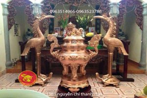 Bộ Đinh Đồng Thờ Cúng Đỉnh Hạc 1,5 m Đồng Đỏ