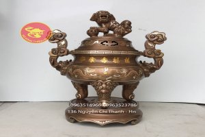 Bộ Đỉnh Đồng Thờ Cúng Khảm Ngũ Sắc Năm Chữ Vàng