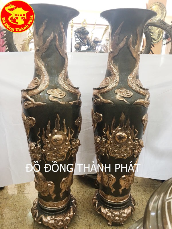 Đôi Lọ Lục Bình Bằng Đồng Đỏ Đúc Rồng Nổi Cao 1,55m