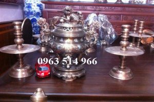 Bộ Đồ Thờ Cúng Đồng Mỹ Nghệ Tam sự khảm bạc 50 cm