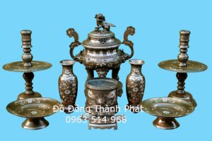 Bộ Đồ Thờ Cúng Đồng khảm bạc Đầy Đủ Cao 50 cm
